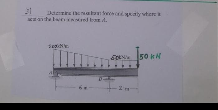 3)
Determine the resultant force and specify where it
acts on the beam measured from A.
200kN/m
6 m
B
50kN/m 50 KN
2 m