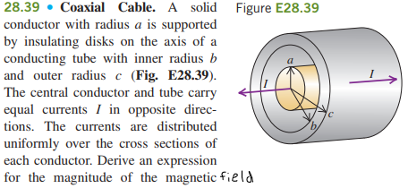 28.39. Coaxial Cable. A solid Figure E28.39
conductor with radius a is supported
by insulating disks on the axis of a
conducting tube with inner radius b
and outer radius c (Fig. E28.39).
The central conductor and tube carry
equal currents I in opposite direc-
tions. The currents are distributed
uniformly over the cross sections of
each conductor. Derive an expression
for the magnitude of the magnetic field
С
