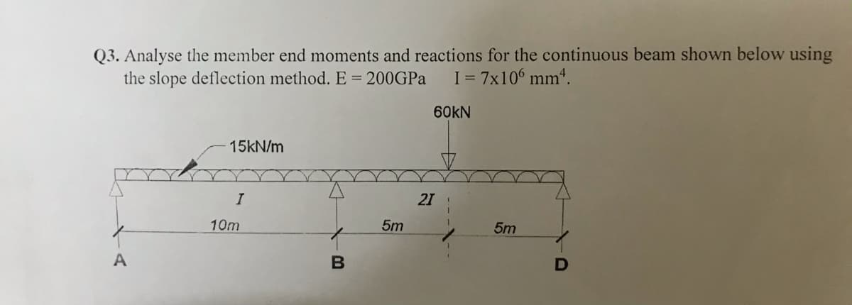 Q3. Analyse the member end moments and reactions for the continuous beam shown below using
the slope deflection method. E= 200GPA
I = 7x10° mm*.
60KN
15KN/m
I
21
10m
5m
5m
A
