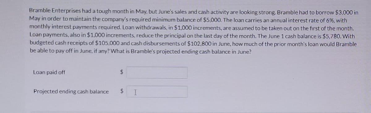 Bramble Enterprises had a tough month in May, but June's sales and cash activity are looking strong. Bramble had to borrow $3,000 in
May in order to maintain the company's required minimum balance of $5,000. The loan carries an annual interest rate of 6%, with
monthly interest payments required. Loan withdrawals, in $1,000 increments, are assumed to be taken out on the first of the month.
Loan payments, also in $1,000 increments, reduce the principal on the last day of the month. The June 1 cash balance is $5,780. With
budgeted cash receipts of $105,000 and cash disbursements of $102,800 in June, how much of the prior month's loan would Bramble
be able to pay off in June, if any? What is Bramble's projected ending cash balance in June?
Loan paid off
Projected ending cash balance $
I