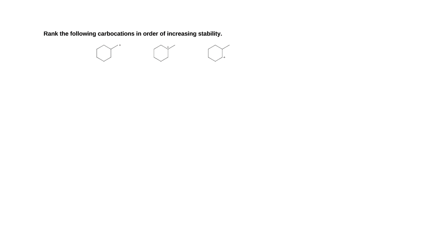 Rank the following carbocations in order of increasing stability.

