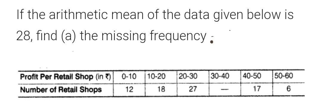 If the arithmetic mean of the data given below is
28, find (a) the missing frequency:
Profit Per Retail Shop (in ?)
0-10
10-20
20-30
30-40
40-50
50-60
Number of Retail Shops
12
18
27
17
-
