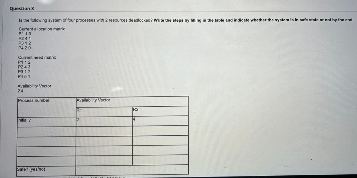 Question 8
Is the following system of four processes with 2 resources deadlocked? Write the steps by filling in the table and indicate whether the system is in safe state or not by the end.
Current allocation matrix
P1 13
P2 4 1
P3 1 2
P4 20
Current need matrix
P1 12
P2 4 3
P3 1 7
P4 5 1
Availability Vector
24
Process number
Availability Vector
R1
R2
initially
2
4
Safe? (yes/no)
