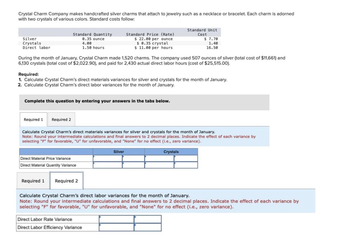 Crystal Charm Company makes handcrafted silver charms that attach to jewelry such as a necklace or bracelet. Each charm is adorned
with two crystals of various colors. Standard costs follow:
Silver
Crystals
Direct labor
Standard Quantity
0.35 ounce
4.00
1.50 hours
Standard Price (Rate)
Standard Unit
Cost
$ 22.00 per ounce
$ 0.35 crystal
$ 11.00 per hours
$ 7.70
1.40
16.50
During the month of January, Crystal Charm made 1,520 charms. The company used 507 ounces of silver (total cost of $11,661) and
6,130 crystals (total cost of $2,022.90), and paid for 2,430 actual direct labor hours (cost of $25,515.00).
Required:
1. Calculate Crystal Charm's direct materials variances for silver and crystals for the month of January.
2. Calculate Crystal Charm's direct labor variances for the month of January.
Complete this question by entering your answers in the tabs below.
Required 1 Required 2
Calculate Crystal Charm's direct materials variances for silver and crystals for the month of January.
Note: Round your intermediate calculations and final answers to 2 decimal places. Indicate the effect of each variance by
selecting "F" for favorable, "U" for unfavorable, and "None" for no effect (i.e., zero variance).
Direct Material Price Variance
Direct Material Quantity Variance
Required 1
Required 2
Silver
Crystals
Calculate Crystal Charm's direct labor variances for the month of January.
Note: Round your intermediate calculations and final answers to 2 decimal places. Indicate the effect of each variance by
selecting "F" for favorable, "U" for unfavorable, and "None" for no effect (i.e., zero variance).
Direct Labor Rate Variance
Direct Labor Efficiency Variance