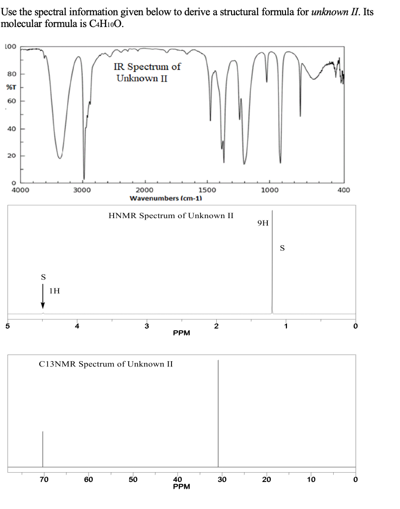 Use the spectral information given below to derive a structural formula for unknown II. Its
molecular formula is C4H100.
LO0
IR Spectrum of
Unknown II
80
%T
60
40
20
2000
Wavenumbers (cm-1)
4000
3000
1500
1000
400
HNMR Spectrum of Unknown II
9H
S
S
1H
5
3
2
PPM
C13NMR Spectrum of Unknown II
70
60
50
40
PPM
30
20
10
