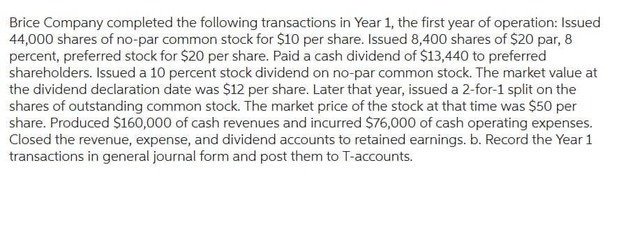 Brice Company completed the following transactions in Year 1, the first year of operation: Issued
44,000 shares of no-par common stock for $10 per share. Issued 8,400 shares of $20 par, 8
percent, preferred stock for $20 per share. Paid a cash dividend of $13,440 to preferred
shareholders. Issued a 10 percent stock dividend on no-par common stock. The market value at
the dividend declaration date was $12 per share. Later that year, issued a 2-for-1 split on the
shares of outstanding common stock. The market price of the stock at that time was $50 per
share. Produced $160,000 of cash revenues and incurred $76,000 of cash operating expenses.
Closed the revenue, expense, and dividend accounts to retained earnings. b. Record the Year 1
transactions in general journal form and post them to T-accounts.