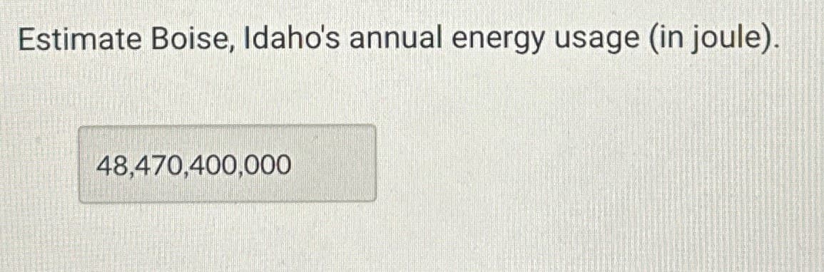 Estimate Boise, Idaho's annual energy usage (in joule).
48,470,400,000