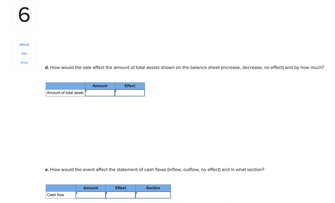 eBook
Ask
Print
d. How would the sale affect the amount of total assets shown on the balance sheet (increase, decrease, no effect) and by how much?
Amount
Effect
Amount of total asset
e. How would the event affect the statement of cash flows (inflow, outflow, no effect) and in what section?
Amount
Effect
Section
Cash flow
