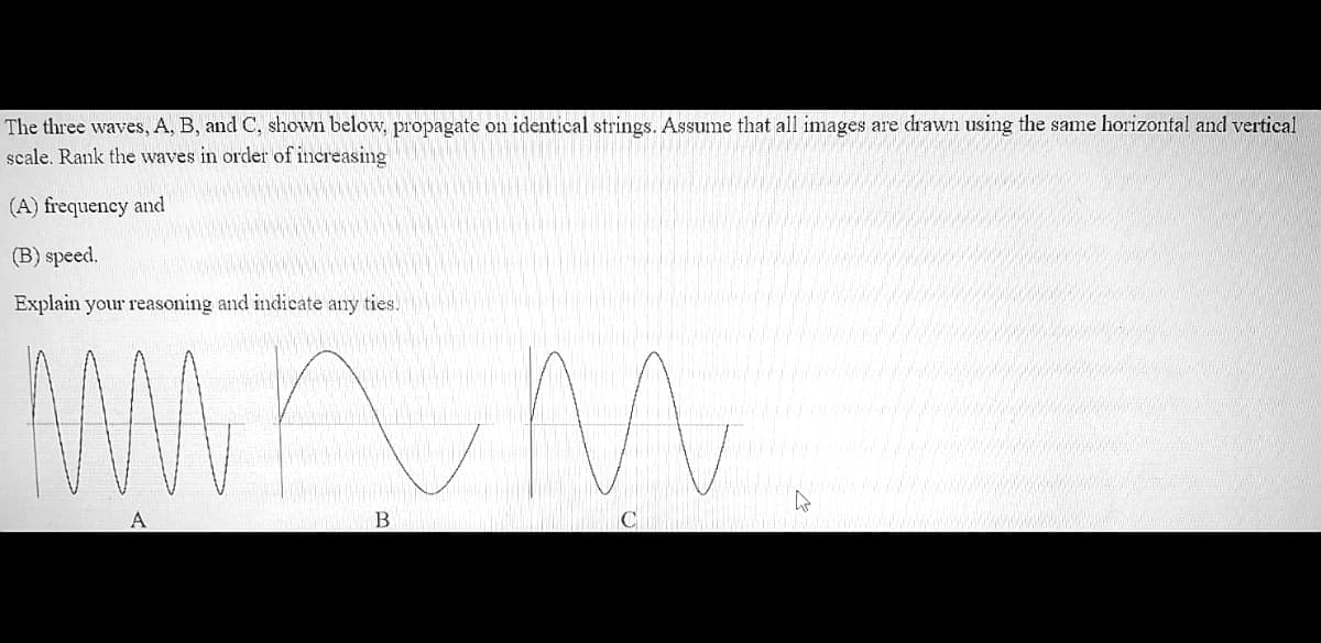 The three waves, A, B, and C, shown below, propagate on identical strings. Assume that all images are drawn using the same horizontal and vertical
scale. Rank the waves in order of increasing
(A) frequency and
(B) speed.
Explain your reasoning and indicate any ties.
C
