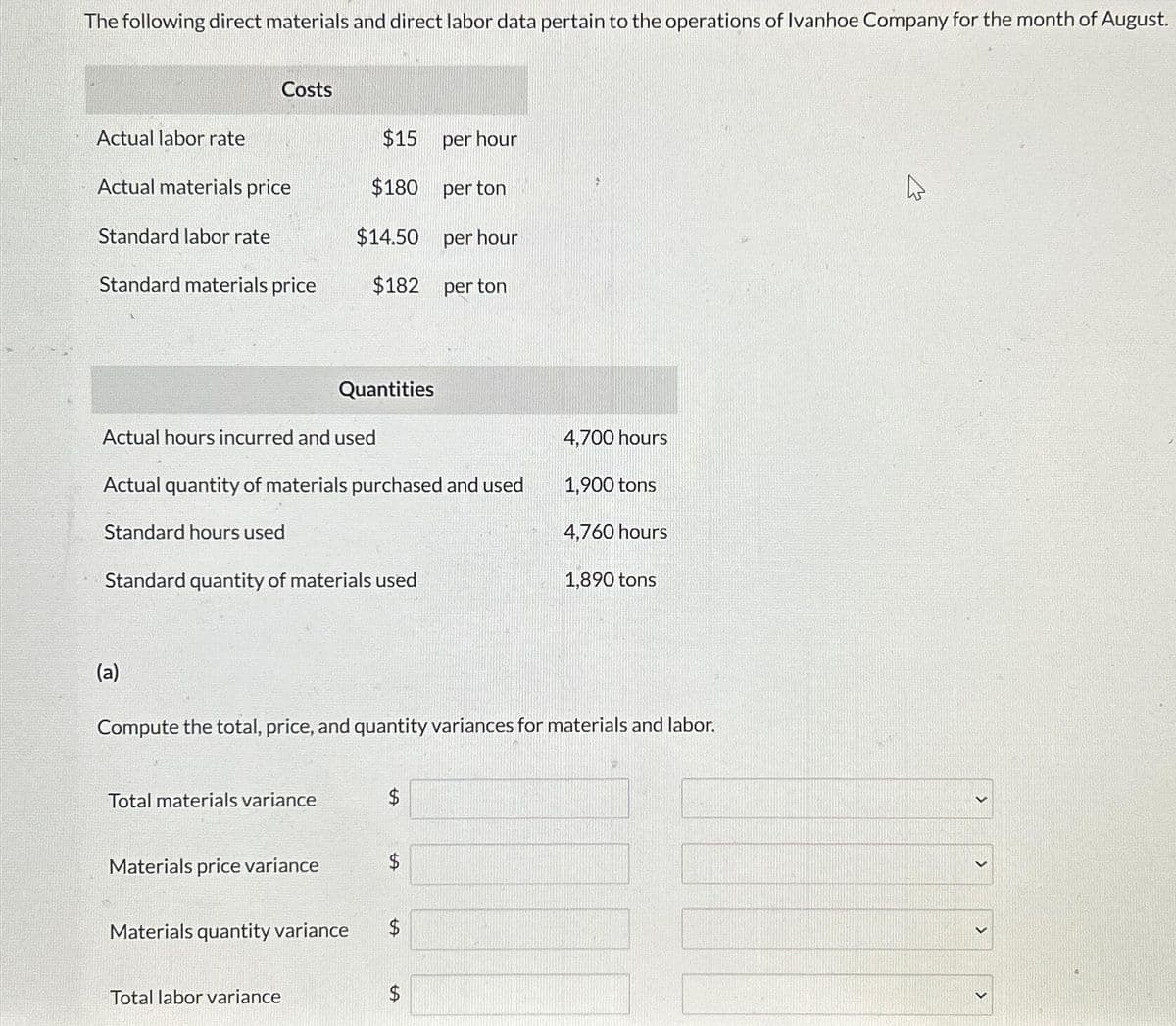 The following direct materials and direct labor data pertain to the operations of Ivanhoe Company for the month of August.
Actual labor rate
Actual materials price
Standard labor rate
Costs
Standard materials price
Actual hours incurred and used
(a)
Actual quantity of materials purchased and used
Standard hours used
Standard quantity of materials used
$15
$180
$14.50
$182
Quantities
Total materials variance
Materials price variance
Total labor variance
Materials quantity variance
$
Compute the total, price, and quantity variances for materials and labor.
$
LA
$
per hour
per ton
per hour
per ton
$
LA
↑
4,700 hours
1,900 tons
4,760 hours
1,890 tons
M
<
<