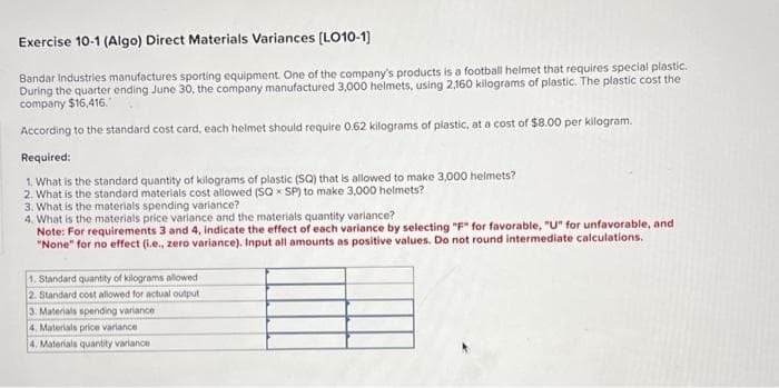 Exercise 10-1 (Algo) Direct Materials Variances [LO10-1]
Bandar Industries manufactures sporting equipment. One of the company's products is a football helmet that requires special plastic.
During the quarter ending June 30, the company manufactured 3,000 helmets, using 2,160 kilograms of plastic. The plastic cost the
company $16,416.
According to the standard cost card, each helmet should require 0.62 kilograms of plastic, at a cost of $8.00 per kilogram.
Required:
1. What is the standard quantity of kilograms of plastic (SQ) that is allowed to make 3,000 helmets?
2. What is the standard materials cost allowed (SQ x SP) to make 3,000 helmets?
3. What is the materials spending variance?
4. What is the materials price variance and the materials quantity variance?
Note: For requirements 3 and 4, indicate the effect of each variance by selecting "F" for favorable, "U" for unfavorable, and i
"None" for no effect (i.e., zero variance). Input all amounts as positive values. Do not round intermediate calculations.
1. Standard quantity of kilograms allowed
2. Standard cost allowed for actual output
3. Materials spending variance
4. Materials price variance
4. Materials quantity variance