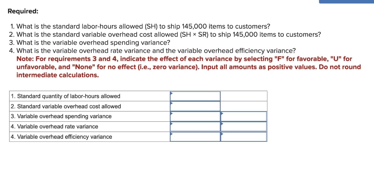 Required:
1. What is the standard labor-hours allowed (SH) to ship 145,000 items to customers?
2. What is the standard variable overhead cost allowed (SH x SR) to ship 145,000 items to customers?
3. What is the variable overhead spending variance?
4. What is the variable overhead rate variance and the variable overhead efficiency variance?
Note: For requirements 3 and 4, indicate the effect of each variance by selecting "F" for favorable, "U" for
unfavorable, and "None" for no effect (i.e., zero variance). Input all amounts as positive values. Do not round
intermediate calculations.
1. Standard quantity of labor-hours allowed
2. Standard variable overhead cost allowed
3. Variable overhead spending variance
4. Variable overhead rate variance
4. Variable overhead efficiency variance