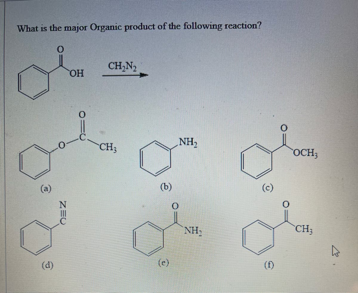 What is the major Organic product of the following reaction?
(d)
O
ZEU
OH
CH₂N₂
CH;
(b)
(e)
NH₂
NH₂
C
(0)
OCH,
CH;