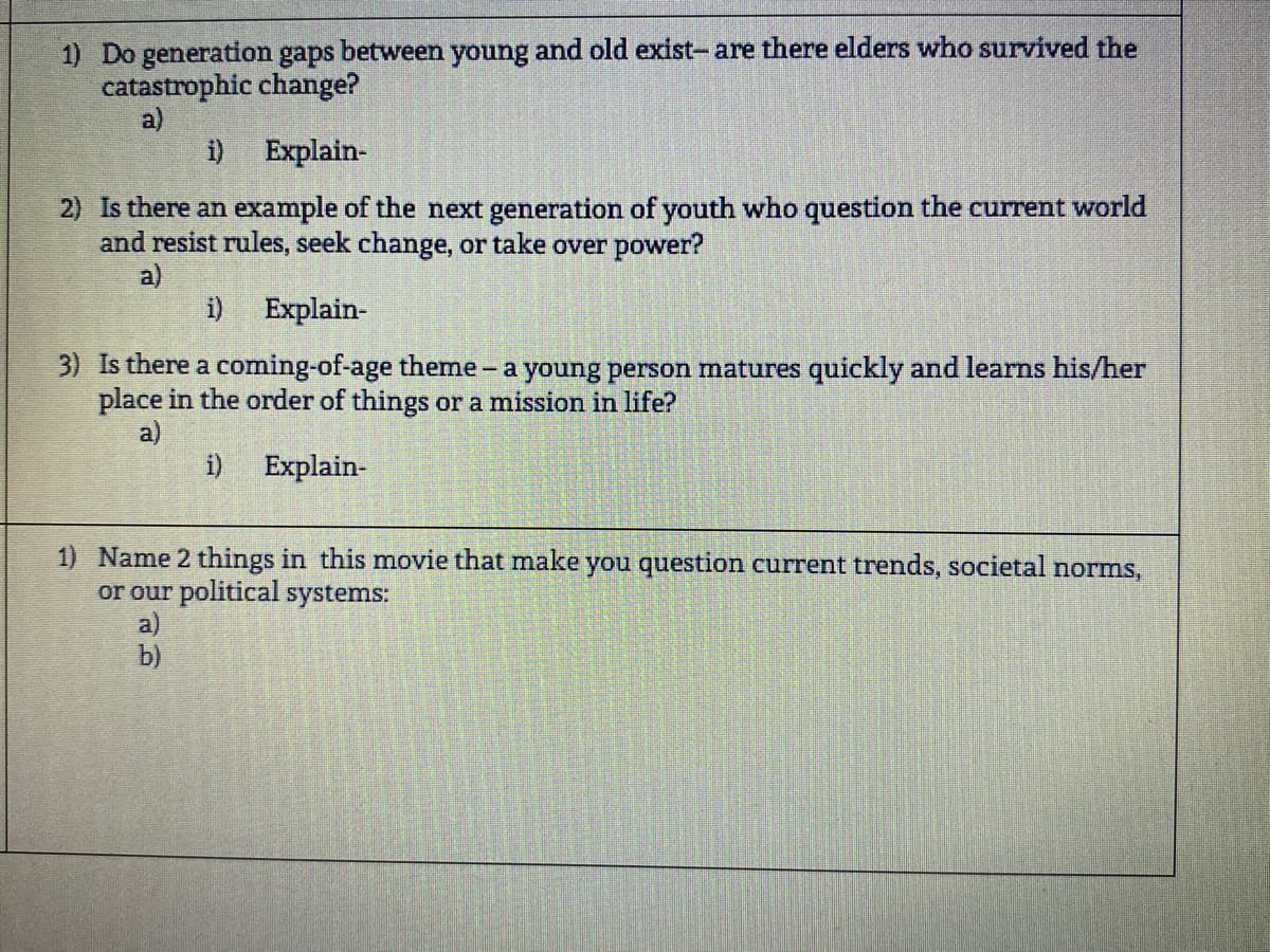 1) Do generation gaps between young and old exist- are there elders who survived the
catastrophic change?
a)
i) Explain-
2) Is there an example of the next generation of youth who question the current world
and resist rules, seek change, or take over power?
a)
i) Explain-
3) Is there a coming-of-age theme - a young person matures quickly and learns his/her
place in the order of things or a mission in life?
a)
i)
Explain-
1) Name 2 things in this movie that make you question current trends, societal norms,
or our political systems:
a)
b)