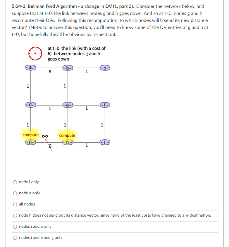 5.04-3. Bellman Ford Algorithm - a change in DV (1, part 3). Consider the network below, and
suppose that at t=0, the link between nodes g and h goes down. And so at t=0, nodes g and h
recompute their DVs. Following this recomputation, to which nodes will h send its new distance
vector? (Note: to answer this question, you'll need to know some of the DV entries at g and hat
t=0, but hopefully they'll be obvious by inspection).
1
compute
g-
node i only
node e only
all nodes
at t=0 the link (with a cost of
6) between nodes g and h
goes down
8.
00
1
1
1
compute
h
nodes i and e and g only
1
1
1
1
node h does not send out its distance vector, since none of the least costs have changed to any destination.
O nodes i and e only