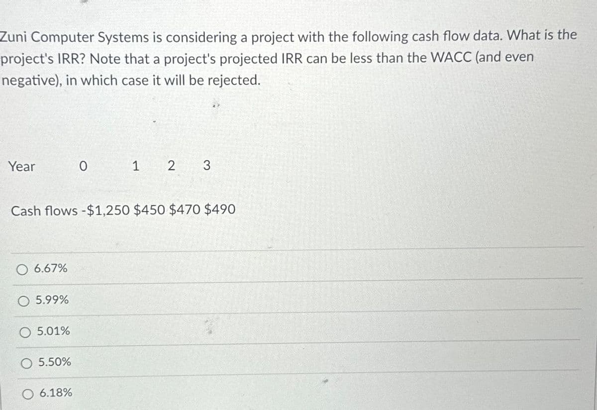 Zuni Computer Systems is considering a project with the following cash flow data. What is the
project's IRR? Note that a project's projected IRR can be less than the WACC (and even
negative), in which case it will be rejected.
Year
6.67%
Cash flows -$1,250 $450 $470 $490
5.99%
5.01%
5.50%
0
6.18%
1 2 3