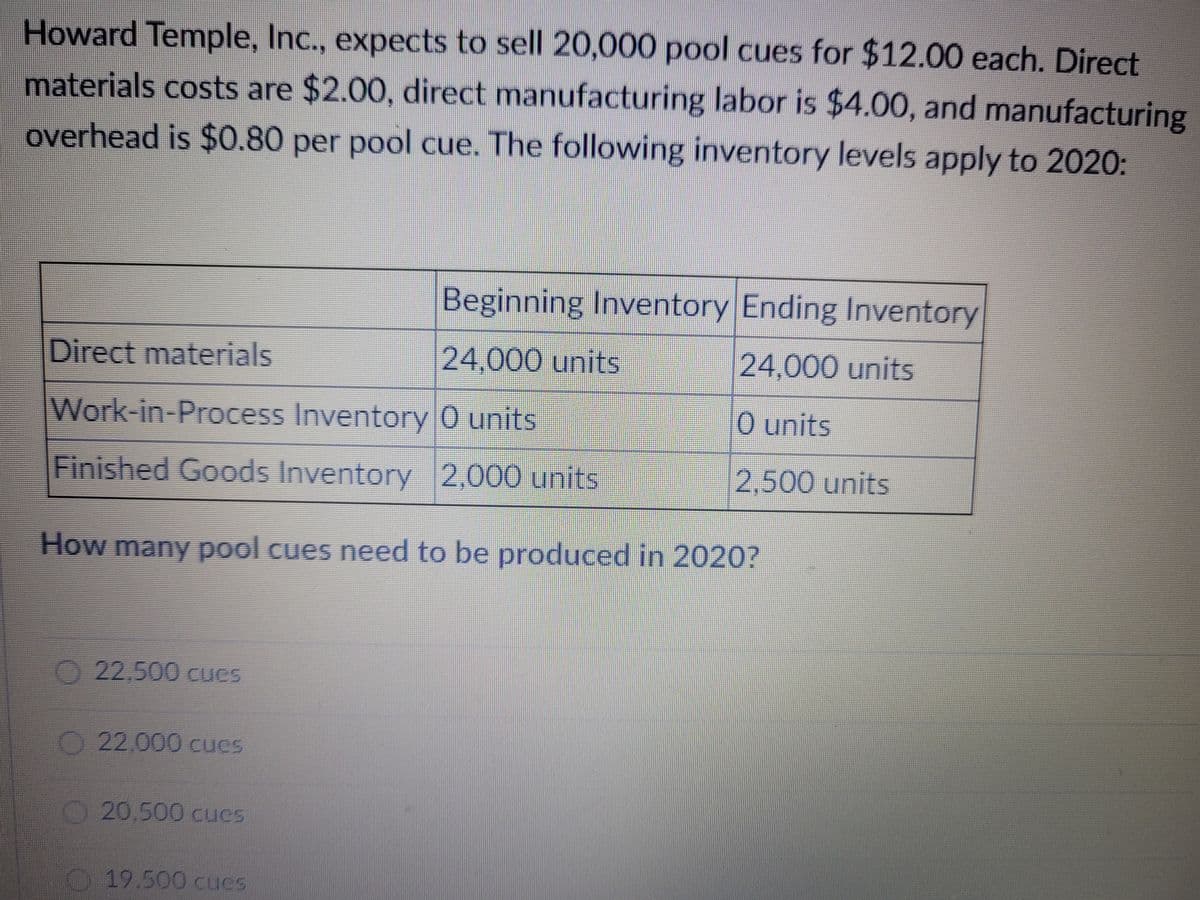Howard Temple, Inc., expects to sell 20,000 pool cues for $12.00 each. Direct
materials costs are $2.00, direct manufacturing labor is $4.00, and manufacturing
overhead is $0.80 per pool cue. The following inventory levels apply to 2020:
Beginning Inventory Ending Inventory
Direct materials
24,000 units
24,000 units
Work-in-Process Inventory 0 units
O units
Finished Goods Inventory 2,000 units
2,500units
How many pool cues need to be produced in 2020?
22,500 cues
022,000 cues
O20,500 cucs
19.500 cues
