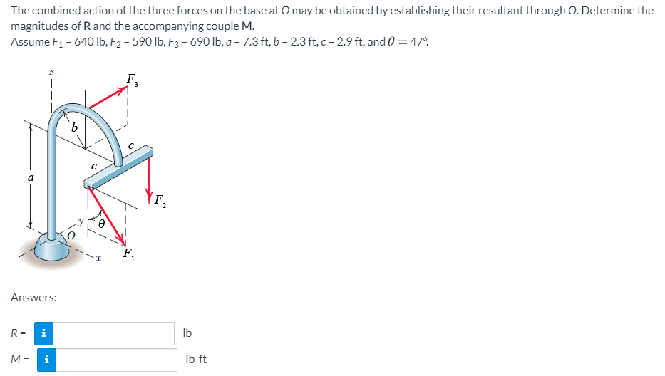 The combined action of the three forces on the base at O may be obtained by establishing their resultant through O. Determine the
magnitudes of R and the accompanying couple M.
Assume F1 = 640 Ib, F2 = 590 lb, F3 = 690 Ib, a = 7.3 ft, b = 2.3 ft, c = 2.9 ft, and 0 = 47.
F,
9.
a
Answers:
R=
i
Ib
M=
i
Ib-ft
