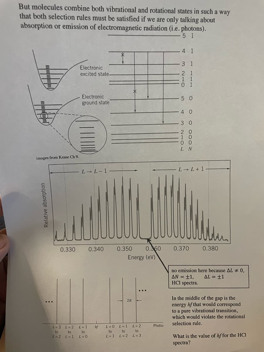 But molecules combine both vibrational and rotational states in such a way
that both selection rules must be satisfied if we are only talking about
absorption or emission of electromagnetic radiation (i.e. photons).
5 1
images from Krane Ch 9.
Relative absorption
:
0.330
L=3
to
L=2
L=2
to
L = 1
Electronic
excited state.
Electronic
ground state
L→ L-1
L = 1
to
L = 0
Ť
0.340 0.350
SE
Energy (eV)
2B
0.360
:
hf L=0 L=1 L=2
to
to
to
L = 1
L = 2
L = 3
Photo
4 1
3 1
2
1
1
0
1
1
5 0
4 0
30
20
1
0
0
0
LN
L→ L+1
0.370 0.380
no emission here because AL # 0,
AL = +1
AN = ±1,
HCI spectra.
In the middle of the gap is the
energy hf that would correspond
to a pure vibrational transition,
which would violate the rotational
selection rule.
What is the value of hf for the HCI
spectra?