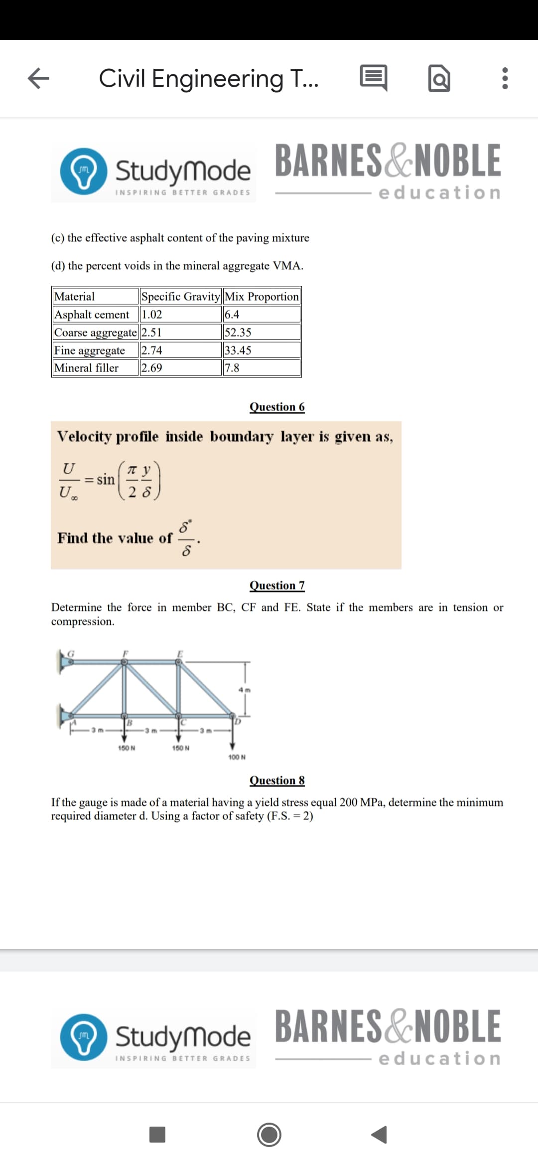 Question 6
Velocity profile inside boundary layer is given as,
U
sin
U.
2 8
Find the value of
