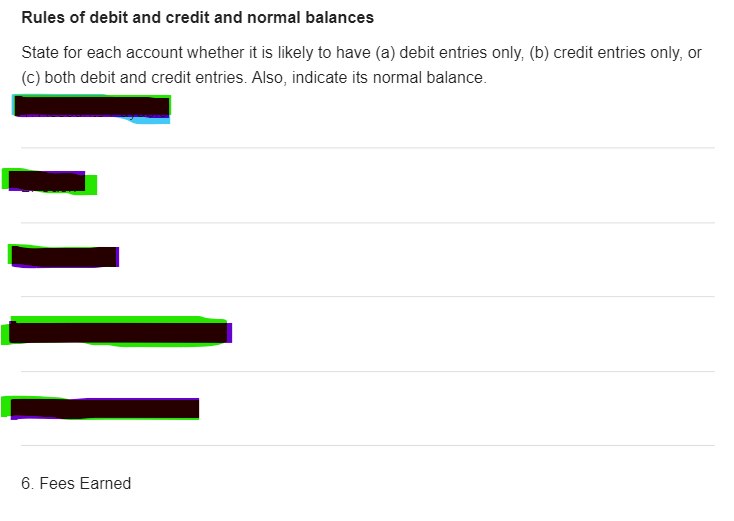 Rules of debit and credit and normal balances
State for each account whether it is likely to have (a) debit entries only, (b) credit entries only, or
(c) both debit and credit entries. Also, indicate its normal balance.
6. Fees Earned
