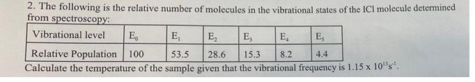 2. The following is the relative number of molecules in the vibrational states of the 1CI molecule determined
from spectroscopy:
Vibrational level
E,
E,
E,
E,
E,
E,
Relative Population
100
53.5
28.6
15.3
8.2
4.4
Calculate the temperature of the sample given that the vibrational frequency is 1.15 x 10"s'.
