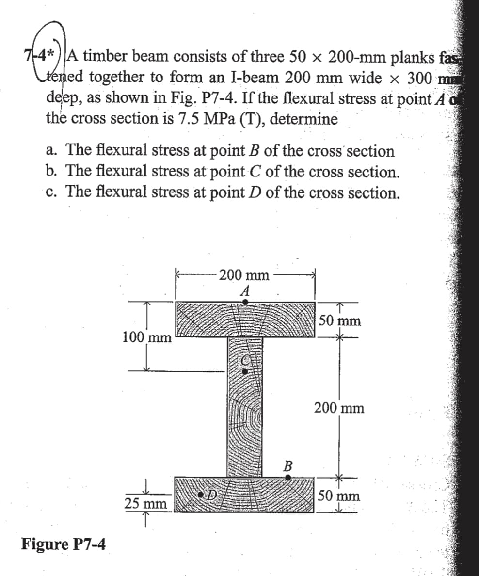 +4* ) A timber beam consists of three 50 x 200-mm planks fas
Ltened together to form an I-beam 200 mm wide x 300 m
deep, as shown in Fig. P7-4. If the flexural stress at point Ad
the cross section is 7.5 MPa (T), determine
a. The flexural stress at point B of the cross'section
b. The flexural stress at point C of the cross section.
c. The flexural stress at point D of the cross section.
200 mm
A
50 mm
100 mm
200 mm
В
ND
50 mm
25 mm
Figure P7-4
