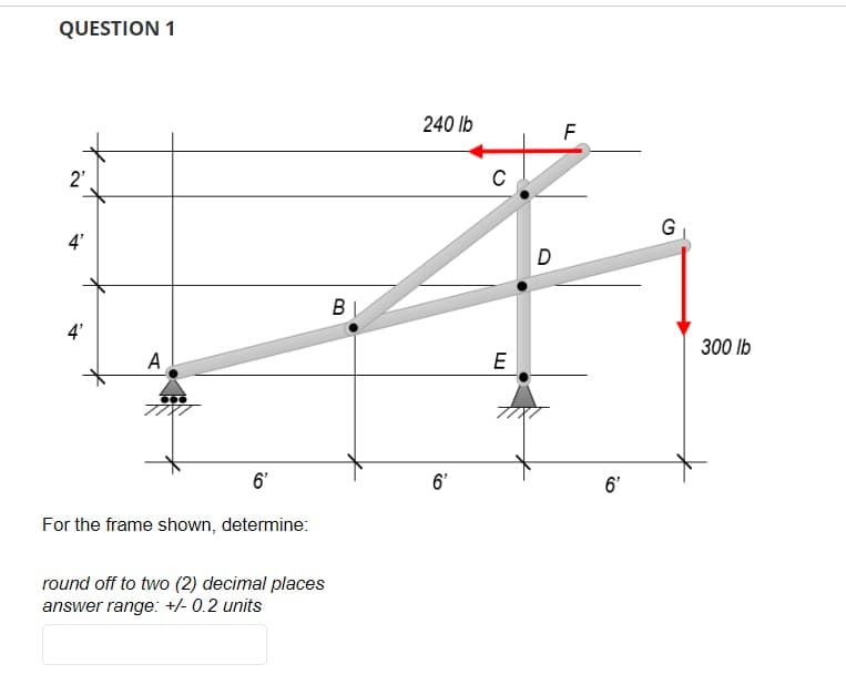 QUESTION 1
2'
4'
4'
A
6'
For the frame shown, determine:
round off to two (2) decimal places
answer range: +/- 0.2 units
B
240 lb
6'
C
E
חח
D
F
6'
G
300 lb