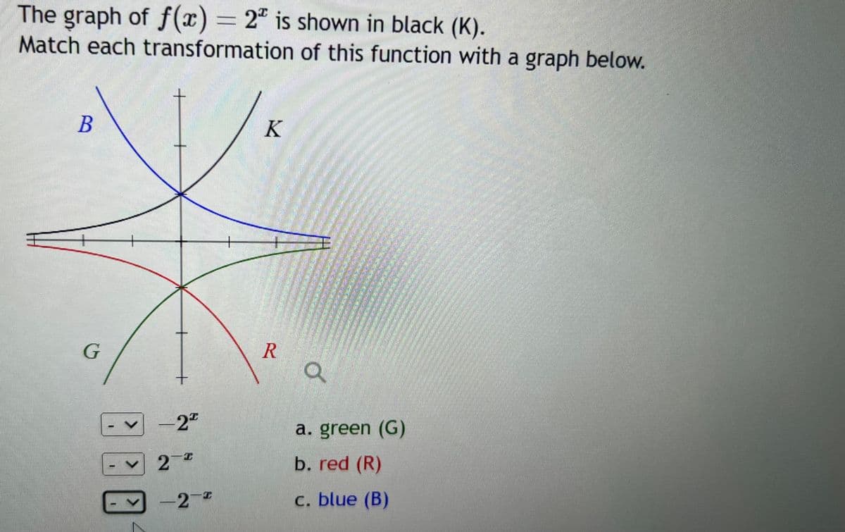 The graph of f(x) = 2 is shown in black (K).
Match each transformation of this function with a graph below.
B
G
I
V
-22
く 2-²
E -2-2
K
R
a
a. green (G)
b. red (R)
c. blue (B)