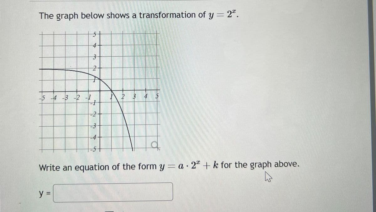 The graph below shows a transformation of y = 2.
-5 -4 -3 -2 -1
5
4
3
2
f
y =
=1
-2
-3
-4-
5
2
3
4
C
Write an equation of the form y=a.2º + k for the graph above.
A