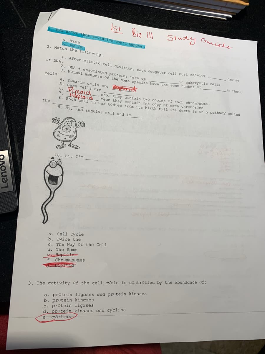 1. After mitotic cell division, each daughter cell must receive
3. Normal members of the some species have the some number of
Ist Bio ll
Study Guide
DNA shows that evolution coen't hoppen
a. True
b. False
2. Match the following.
of DNA.
2. DNA + associated proteins make up
3. Normal members of the some species hove the some number oa
omount
in eukaryotic cells
cells
in their
4. Somatic cells are ploia
5. Germ cells are
6. Viplaid
7. Hapioid
mean they contain two copies of each chromosome
mean they contain one copy of each chromosome
. Bach cell in our bodies from its birth till its death is on a pathwoy colled
the
9. Hi, Ima regular cell and Im
10. Hi, I'm
a. Cell Cycle
b. Twice the
c. The Way of the Cell
d. The Same
e Hoploid-
f. Chromosomes
Diploid
3. The activity of the cell cycle is controlled by the abundance of:
a. protein ligases and protein kinases
b. protein kinases
c. protein ligases
d. protein kinases and cyclins
e. cyclins
