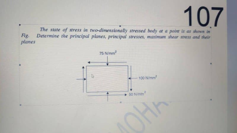 107
The state of stress in two-dimensionally stressed body at a point is as shown in
Determine the principal planes, principal stresses, maximum shear stress and their
Fig.
planes
75 N/mm?
100 N/mm
+ 50 N/mm
OHA

