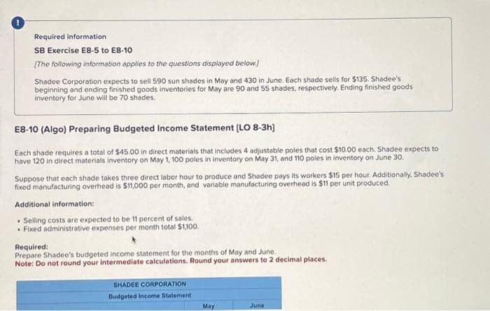 Required information
SB Exercise E8-5 to E8-10
[The following information applies to the questions displayed below.]
Shadee Corporation expects to sell 590 sun shades in May and 430 in June. Each shade sells for $135. Shadee's
beginning and ending finished goods inventories for May are 90 and 55 shades, respectively. Ending finished goods
inventory for June will be 70 shades.
E8-10 (Algo) Preparing Budgeted Income Statement [LO 8-3h)
Each shade requires a total of $45.00 in direct materials that includes 4 adjustable poles that cost $10.00 each. Shadee expects to
have 120 in direct materials inventory on May 1, 100 poles in inventory on May 31, and 110 poles in inventory on June 30.
Suppose that each shade takes three direct labor hour to produce and Shadee pays its workers $15 per hour. Additionally, Shadee's
fixed manufacturing overhead is $11,000 per month, and variable manufacturing overhead is $11 per unit produced.
Additional information:
. Selling costs are expected to be 11 percent of sales.
• Fixed administrative expenses per month total $1,100.
Required:
Prepare Shadee's budgeted income statement for the months of May and June.
Note: Do not round your intermediate calculations. Round your answers to 2 decimal places.
SHADEE CORPORATION
Budgeted Income Statement
May
June