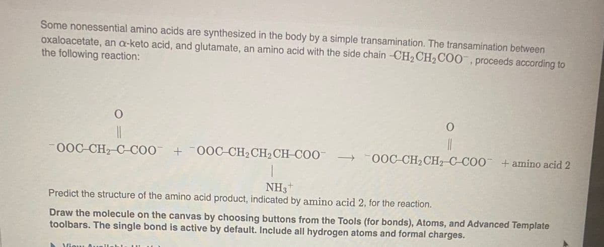 Some nonessential amino acids are synthesized in the body by a simple transamination. The transamination between
oxaloacetate, an a-keto acid, and glutamate, an amino acid with the side chain -CH2CH2COO¯, proceeds according to
the following reaction:
||
→ -00C-CH2 CH2 C-CO0 + amino acid 2
0OC-CH2 CCOO +0OC-CH2 CH2 CH-COO →
NH3+
Predict the structure of the amino acid product, indicated by amino acid 2, for the reaction.
Draw the molecule on the canvas by choosing buttons from the Tools (for bonds), Atoms, and Advanced Template
toolbars. The single bond is active by default. Include all hydrogen atoms and formal charges.
Viou

