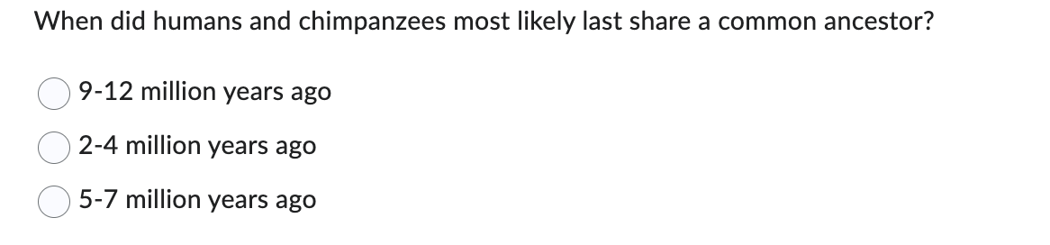 When did humans and chimpanzees most likely last share a common ancestor?
9-12 million years ago
2-4 million years ago
5-7 million years ago