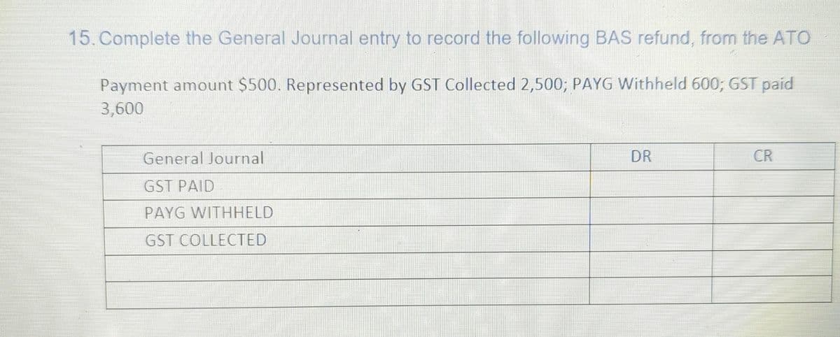 15. Complete the General Journal entry to record the following BAS refund, from the ATO
Payment amount $500. Represented by GST Collected 2,500; PAYG Withheld 600; GST paid
3,600
General Journal
GST PAID
PAYG WITHHELD
GST COLLECTED
DR
CR
