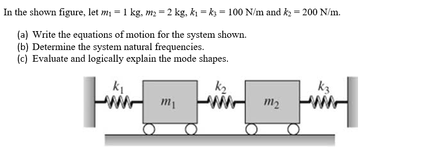 In the shown figure, let m1 = 1 kg, m, = 2 kg, k = k3 = 100 N/m and k = 200 N/m.
(a) Write the equations of motion for the system shown.
(b) Determine the system natural frequencies.
(c) Evaluate and logically explain the mode shapes.
k2
kz
m2
