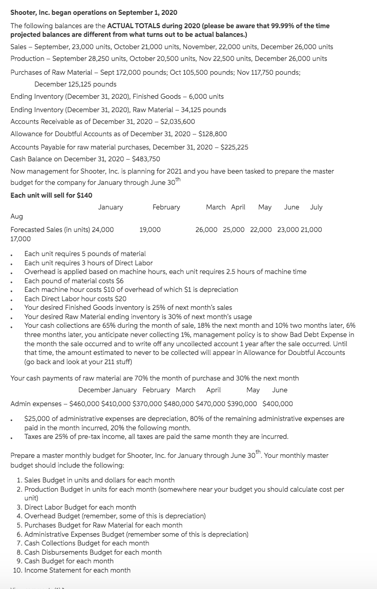 Shooter, Inc. began operations on September 1, 2020
The following balances are the ACTUAL TOTALS during 2020 (please be aware that 99.99% of the time
projected balances are different from what turns out to be actual balances.)
Sales - September, 23,000 units, October 21,000 units, November, 22,000 units, December 26,000 units
Production - September 28,250 units, October 20,500 units, Nov 22,500 units, December 26,000 units
Purchases of Raw Material – Sept 172,000 pounds; Oct 105,500 pounds; Nov 117,750 pounds;
December 125,125 pounds
Ending Inventory (December 31, 2020), Finished Goods - 6,000 units
Ending Inventory (December 31, 2020), Raw Material – 34,125 pounds
Accounts Receivable as of December 31, 2020 - $2,035,600
Allowance for Doubtful Accounts as of December 31, 2020 - $128,800
Accounts Payable for raw material purchases, December 31, 2020 - $225,225
Cash Balance on December 31, 2020 - $483.750
Now management for Shooter, Inc. is planning for 2021 and you have been tasked to prepare the master
budget for the company for January through June 30th
Each unit will sell for $140
January
February
March April
May
June
July
Aug
Forecasted Sales (in units) 24,000
19,000
26,000 25,000 22,000 23,000 21,000
17,000
Each unit requires 5 pounds of material
Each unit requires 3 hours of Direct Labor
Overhead is applied based on machine hours, each unit requires 2.5 hours of machine time
Each pound of material costs $6
Each machine hour costs $10 of overhead of which $1 is depreciation
Each Direct Labor hour costs $20
Your desired Finished Goods inventory is 25% of next month's sales
Your desired Raw Material ending inventory is 30% of next month's usage
Your cash collections are 65% during the month of sale, 18% the next month and 10% two months later, 6%
three months later, you anticipate never collecting 1%, management policy is to show Bad Debt Expense in
the month the sale occurred and to write off any uncollected account 1 year after the sale occurred. Until
that time, the amount estimated to never to be collected will appear in Allowance for Doubtful Accounts
(go back and look at your 211 stuff)
Your cash payments of raw material are 70% the month of purchase and 30% the next month
December January February March
April
May
June
Admin expenses - $460,000 $410,000 $370,000 $480,000 $470,000 $390,000 $400,000
$25,000 of administrative expenses are depreciation, 80% of the remaining administrative expenses are
paid in the month incurred, 20% the following month.
Taxes are 25% of pre-tax income, all taxes are paid the same month they are incurred.
Prepare a master monthly budget for Shooter, Inc. for January through June 30". Your monthly master
budget should include the following:
1. Sales Budget in units and dollars for each month
2. Production Budget in units for each month (somewhere near your budget you should calculate cost per
unit)
3. Direct Labor Budget for each month
4. Overhead Budget (remember, some of this is depreciation)
5. Purchases Budget for Raw Material for each month
6. Administrative Expenses Budget (remember some of this is depreciation)
7. Cash Collections Budget for each month
8. Cash Disbursements Budget for each month
9. Cash Budget for each month
10. Income Statement for each month
