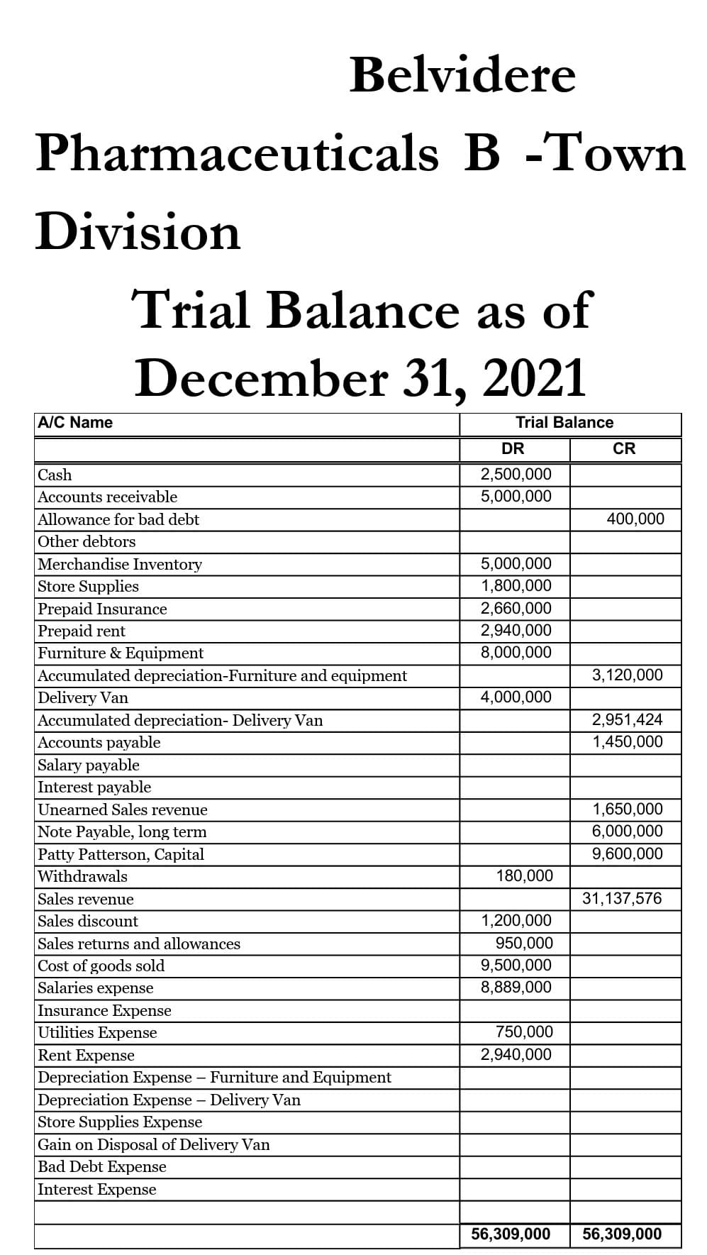 Pharmaceuticals B-Town
Division
A/C Name
Trial Balance as of
December 31, 2021
Trial Balance
Cash
Accounts receivable
Allowance for bad debt
Other debtors
Belvidere
Merchandise Inventory
Store Supplies
Prepaid Insurance
Prepaid rent
Furniture & Equipment
Accumulated depreciation-Furniture and equipment
Delivery Van
Accumulated depreciation- Delivery Van
Accounts payable
Salary payable
Interest payable
Unearned Sales revenue
Note Payable, long term
Patty Patterson, Capital
Withdrawals
Sales revenue
Sales discount
Sales returns and allowances
Cost of goods sold
Salaries expense
Insurance Expense
Utilities Expense
Rent Expense
Depreciation Expense - Furniture and Equipment
Depreciation Expense - Delivery Van
Store Supplies Expense
Gain on Disposal of Delivery Van
Bad Debt Expense
Interest Expense
DR
2,500,000
5,000,000
5,000,000
1,800,000
2,660,000
2,940,000
8,000,000
4,000,000
180,000
1,200,000
950,000
9,500,000
8,889,000
750,000
2,940,000
CR
400,000
3,120,000
2,951,424
1,450,000
1,650,000
6,000,000
9,600,000
31,137,576
56,309,000 56,309,000