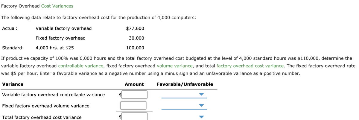 Factory Overhead Cost Variances
The following data relate to factory overhead cost for the production of 4,000 computers:
Actual:
Variable factory overhead
$77,600
Fixed factory overhead
30,000
Standard:
4,000 hrs. at $25
100,000
If productive capacity of 100% was 6,000 hours and the total factory overhead cost budgeted at the level of 4,000 standard hours was $110,000, determine the
variable factory overhead controllable variance, fixed factory overhead volume variance, and total factory overhead cost variance. The fixed factory overhead rate
was $5 per hour. Enter a favorable variance as a negative number using a minus sign and an unfavorable variance as a positive number.
Variance
Amount
Favorable/Unfavorable
Variable factory overhead controllable variance
$4
Fixed factory overhead volume variance
Total factory overhead cost variance
$4
