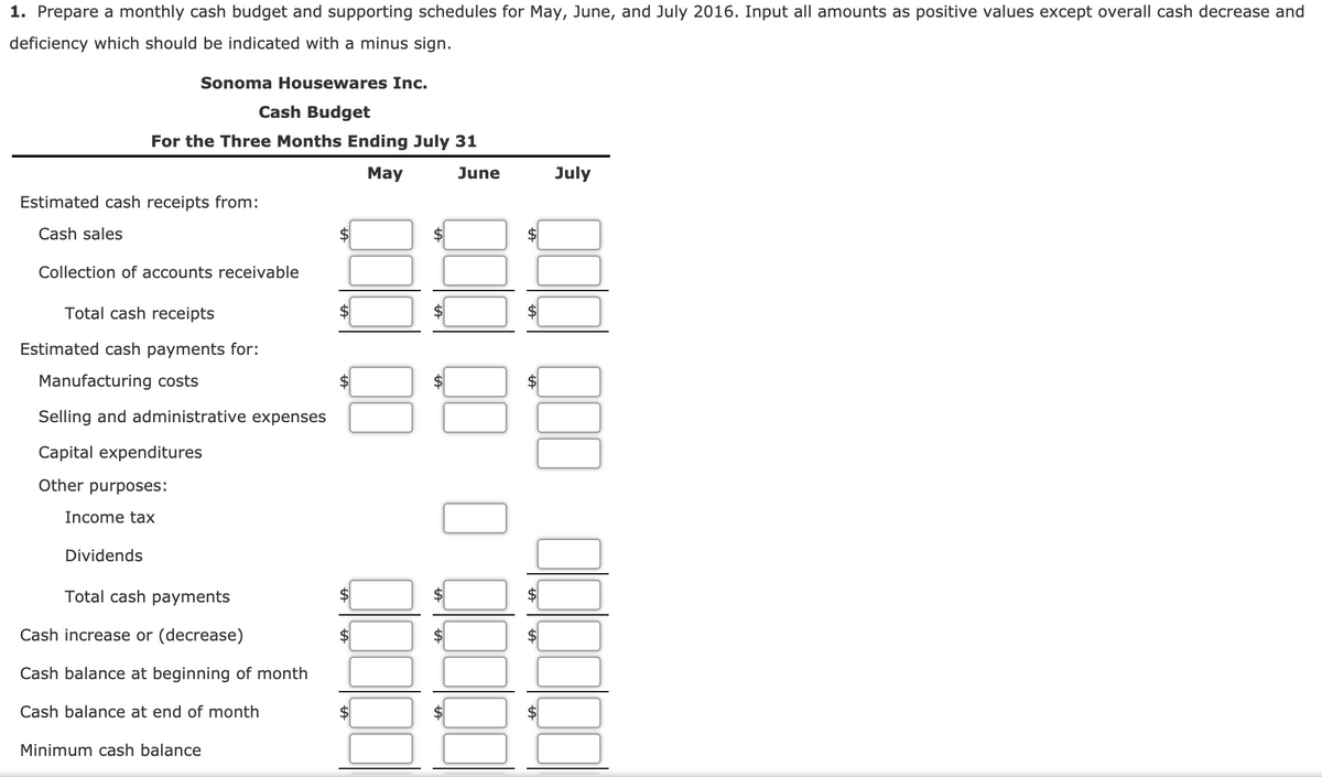 1. Prepare a monthly cash budget and supporting schedules for May, June, and July 2016. Input all amounts as positive values except overall cash decrease and
deficiency which should be indicated with a minus sign.
Sonoma Housewares Inc.
Cash Budget
For the Three Months Ending July 31
May
June
July
Estimated cash receipts from:
Cash sales
Collection of accounts receivable
Total cash receipts
Estimated cash payments for:
Manufacturing costs
Selling and administrative expenses
Capital expenditures
Other purposes:
Income tax
Dividends
Total cash payments
2$
Cash increase or (decrease)
2$
Cash balance at beginning of month
Cash balance at end of month
$4
$
Minimum cash balance
%24
