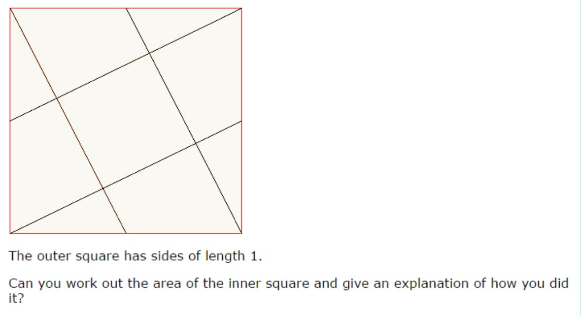 The outer square has sides of length 1.
Can you work out the area of the inner square and give an explanation of how you did
it?