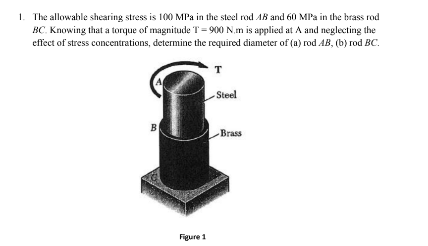 1. The allowable shearing stress is 100 MPa in the steel rod AB and 60 MPa in the brass rod
BC. Knowing that a torque of magnitude T = 900 N.m is applied at A and neglecting the
effect of stress concentrations, determine the required diameter of (a) rod AB, (b) rod BC.
A
B
Figure 1
T
Steel
Brass