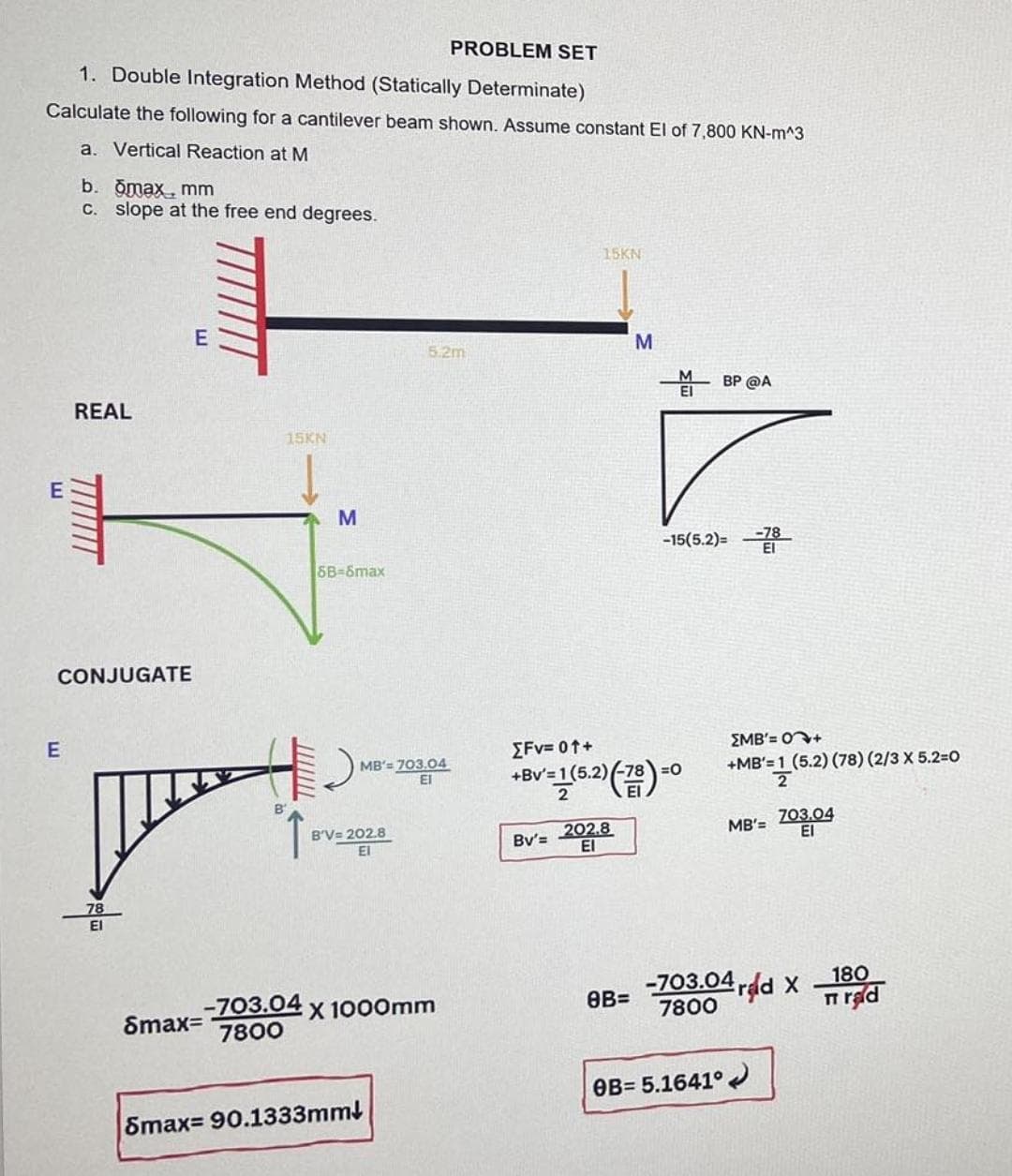 PROBLEM SET
1. Double Integration Method (Statically Determinate)
Calculate the following for a cantilever beam shown. Assume constant El of 7,800 KN-m^3
a. Vertical Reaction at M
W
b. omax, mm
c. slope at the free end degrees.
E
REAL
CONJUGATE
78
El
15KN
M
SB=6max
4
В'
MB'=703.04
El
B'V=202.8
El
5.2m
Smax=-703.04 x 1000mm
7800
Smax= 90.1333mm!
15KN
Bv'= 202.8
El
M
8B=
MBP @A
[Fv=01+
+Bv¹=1(5.2) (-78)=0
-15(5.2)=
EMB'=0+
+MB'=1 (5.2) (78) (2/3 X 5.2=0
2
OB= 5.1641°
MB'= 703,04
-703.04rd X
7800
180
Trad