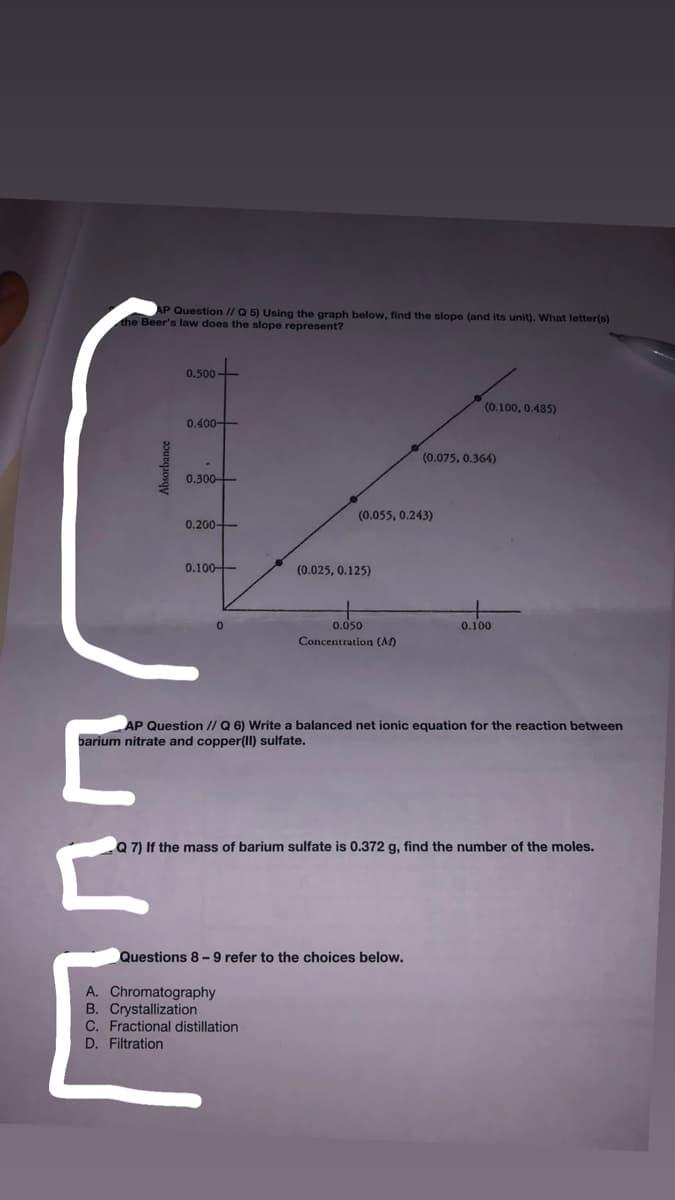 AP Question // Q 5) Using the graph below, find the slope (and its unit). What letter(s)
the Beer's law does the slope represent?
0.500
(0.100, 0.485)
0.400-
(0.075, 0.364)
0.300-
(0.055, 0.243)
0.200-
0.100-
(0.025, 0.125)
0.050
0.100
Concentration (M)
AP Question // Q 6) Write a balanced net ionic equation for the reaction between
barium nitrate and copper(II) sulfate.
Q 7) If the mass of barium sulfate is 0.372 g, find the number of the moles.
Questions 8- 9 refer to the choices below.
A. Chromatography
B. Crystallization
C. Fractional distillation
D. Filtration
Absorbance

