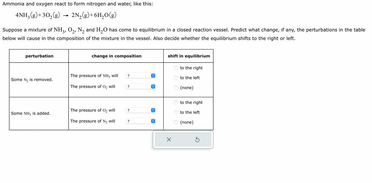 Ammonia and oxygen react to form nitrogen and water, like this:
4NH3(g)+30₂(g) → 2N₂(g) + 6H₂O(g)
Suppose a mixture of NH3, O2, N₂ and H₂O has come to equilibrium in a closed reaction vessel. Predict what change, if any, the perturbations in the table
below will cause in the composition of the mixture in the vessel. Also decide whether the equilibrium shifts to the right or left.
perturbation
Some N₂ is removed.
Some NH3 is added.
change in composition
The pressure of NH3 will
The pressure of O₂ will
The pressure of O₂ will
The pressure of N₂
will
?
?
?
?
↑
ŵ
↑
shift in equilibrium
X
ооо
OOO
to the right
to the left
(none)
to the right
to the left
(none)
Ś