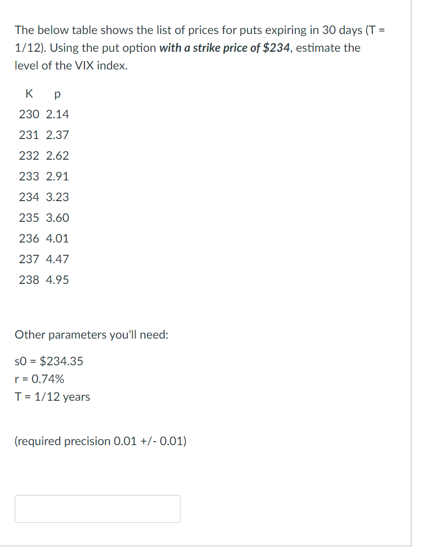 The below table shows the list of prices for puts expiring in 30 days (T =
1/12). Using the put option with a strike price of $234, estimate the
level of the VIX index.
K
230 2.14
231 2.37
232 2.62
233 2.91
234 3.23
235 3.60
236 4.01
237 4.47
238 4.95
Other parameters you'll need:
sO =
$234.35
r = 0.74%
T = 1/12 years
(required precision 0.01 +/- 0.01)
