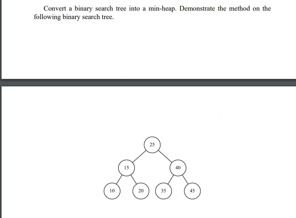 Convert a binary search tree into a min-heap. Demonstrate the method on the
following binary search tree.
10
15
20
25
35
40
45