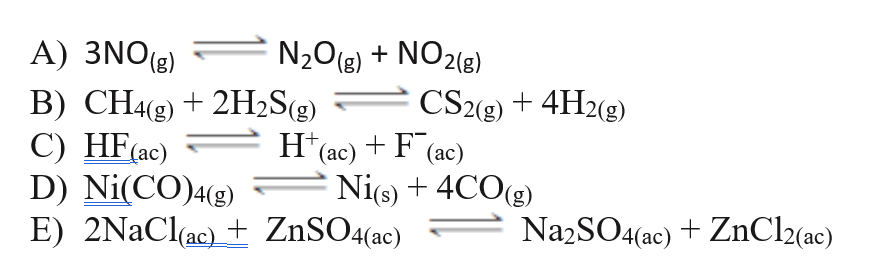 A) 3NO(g)
N2O(g) +
NO2(8)
CS2(g) + 4H2(g)
B) CH4(g) + 2H2S(g)
C) HF(ac)
D) Ni(CO)4(g)
E) 2NACI(ac) + ZnSO4(ac)
H*(ac) + F (ac)
Ni(s) + 4CO(g)
NazSO4(ac) + ZnCl2(ac)
