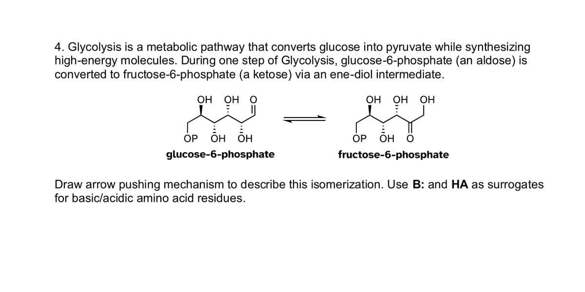 4. Glycolysis is a metabolic pathway that converts glucose into pyruvate while synthesizing
high-energy molecules. During one step of Glycolysis, glucose-6-phosphate (an aldose) is
converted to fructose-6-phosphate (a ketose) via an ene-diol intermediate.
OH OH O
OP OH OH
ОН
ОН
glucose-6-phosphate
OH OH OH
OP OH
fructose-6-phosphate
Draw arrow pushing mechanism to describe this isomerization. Use B: and HA as surrogates
for basic/acidic amino acid residues.